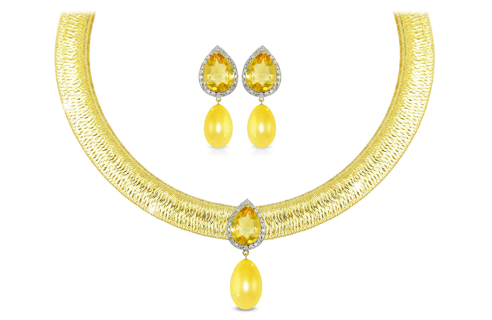 Vera Perla 18K Gold 0.36ct Diamonds, Citrine and 13mm Golden Pearl Jewelry Set - 2 pcs.